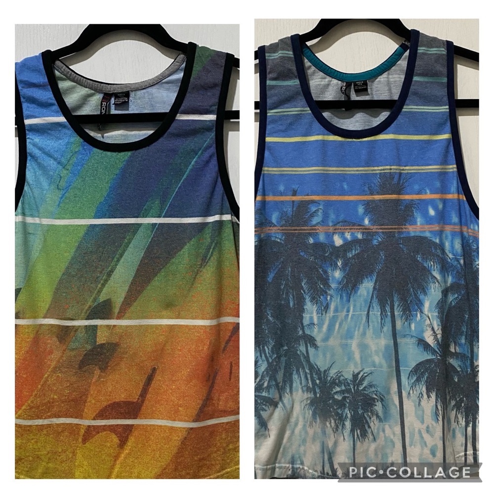 Two Ron John tank tops men's M graphic print palm trees surf boards
